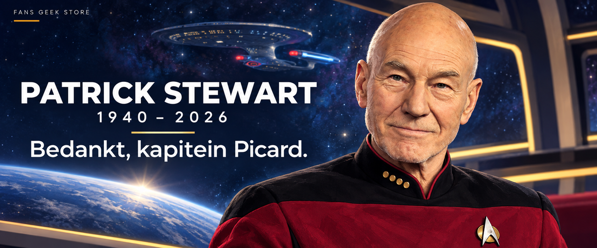 Patrick Stewart (1940–2026) als kapitein Jean-Luc Picard — geïllustreerde FANS-hommage