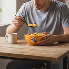 Fans Geek Store Dragon Ball Z ceramic bowl with Goku symbol, filled with cereal, held by a man at a wooden table.