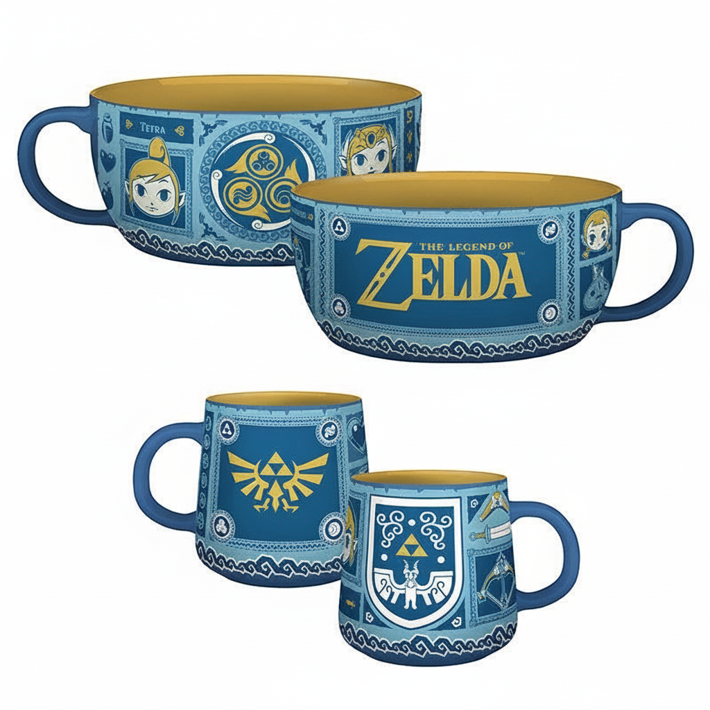 Fans Geek Store The Legend of Zelda Wind Waker blue ceramic breakfast set with a patterned mug and large soup bowl