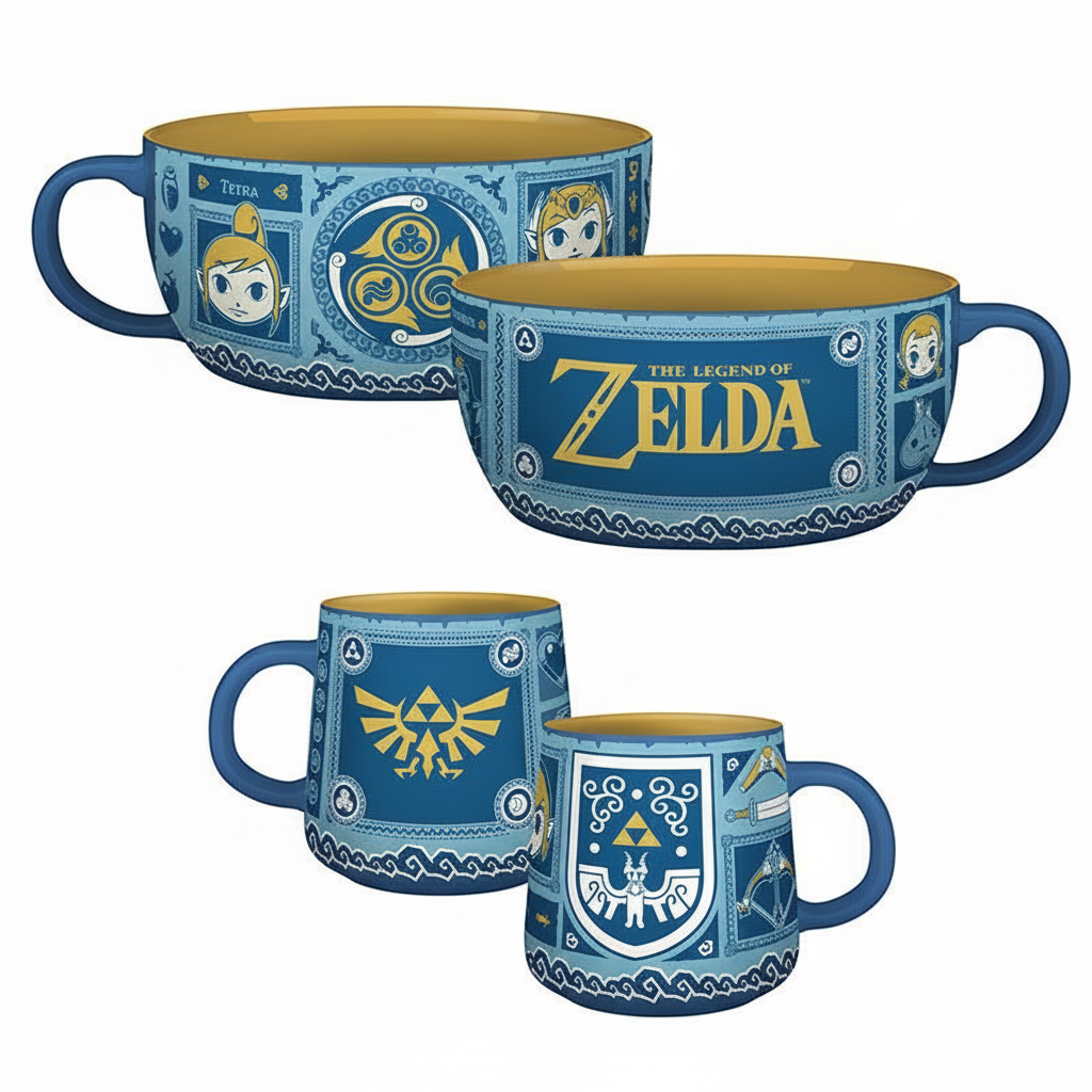 Fans Geek Store The Legend of Zelda Wind Waker breakfast set featuring a blue ceramic mug and bowl with gold accents