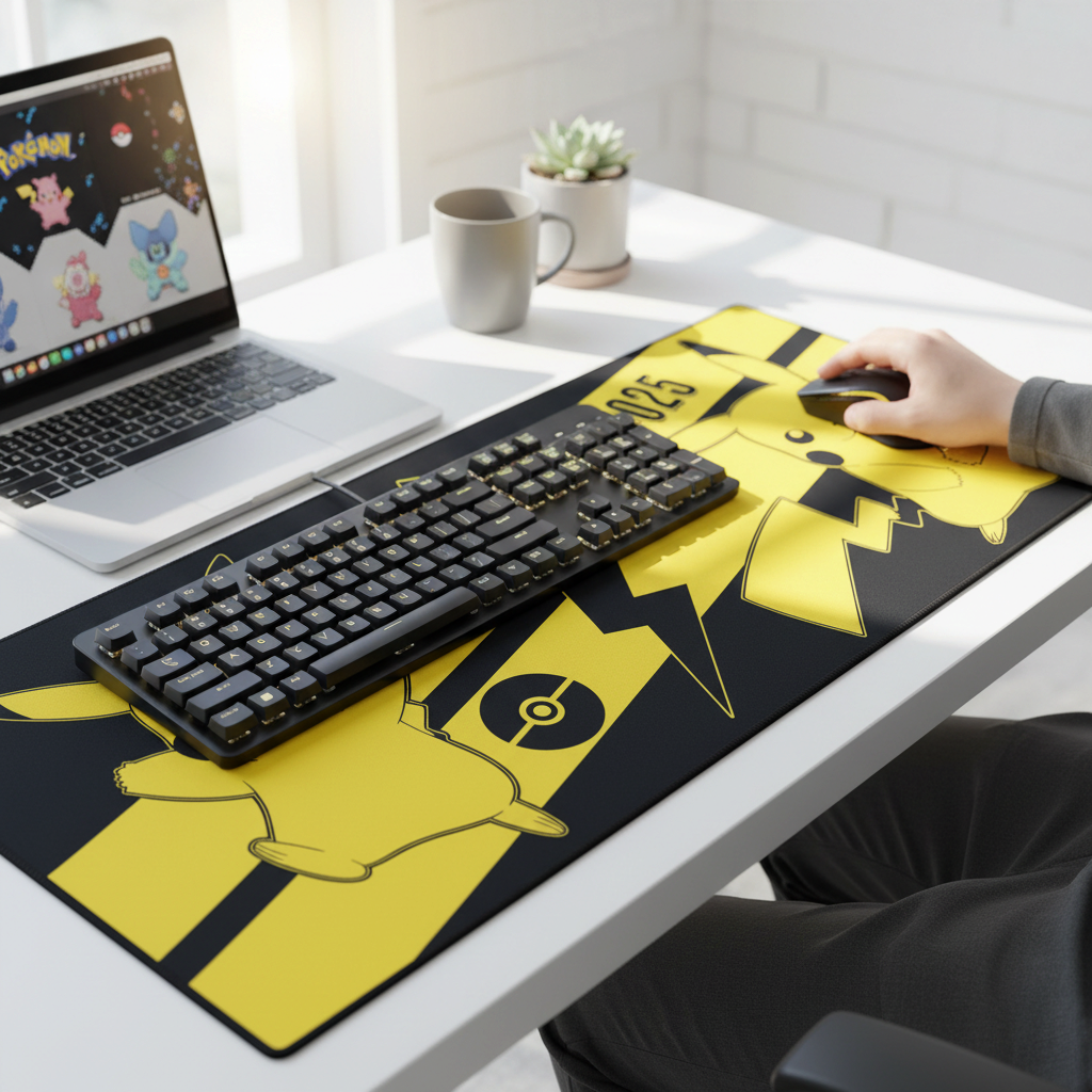 Fans Geek Store Pikachu XXL gaming mouse pad with yellow and black Pokémon design on a desk with keyboard and mouse