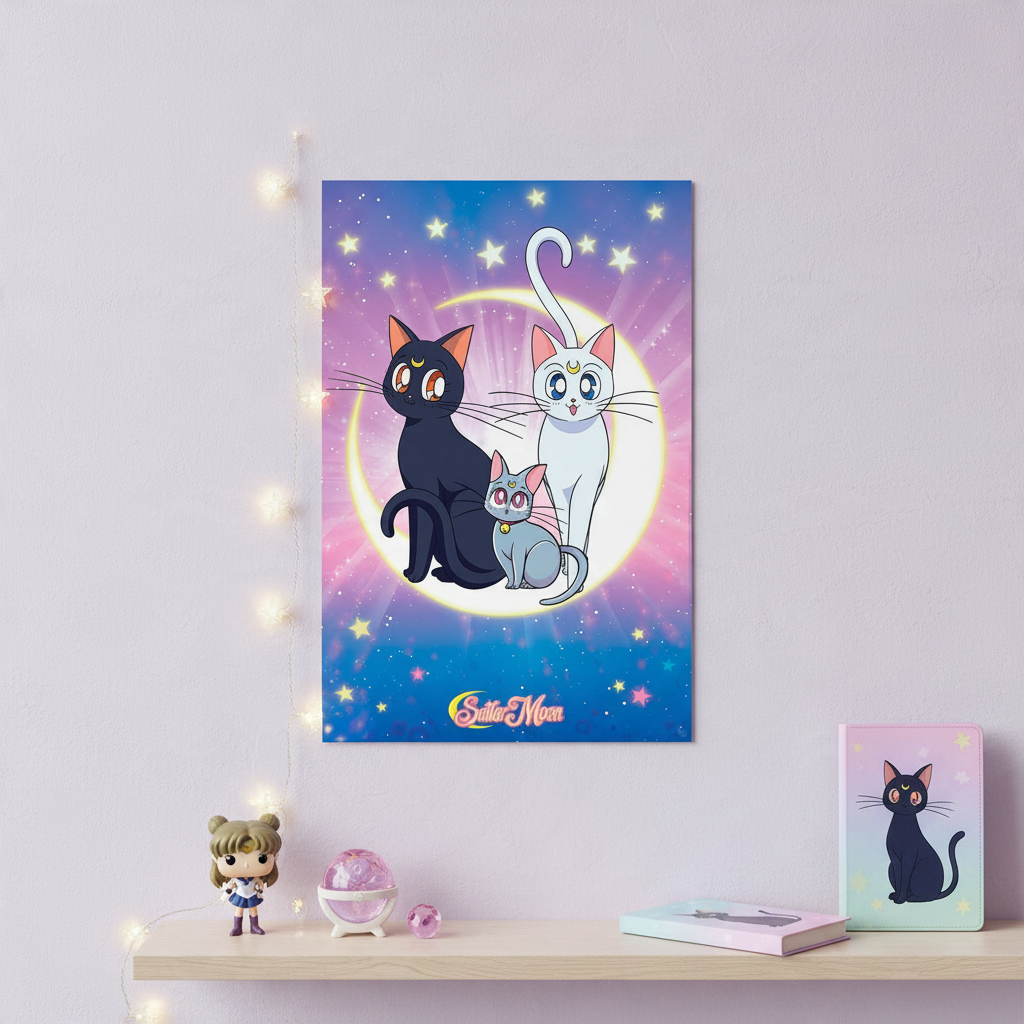 Fans Geek Store Sailor Moon poster featuring Luna, Artemis, and Diana cats on a shelf with anime figurines.