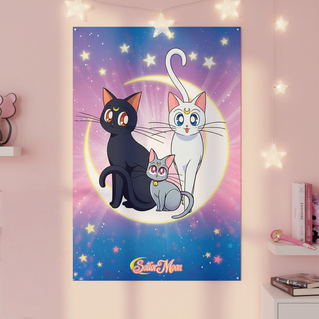 Fans Geek Store Sailor Moon poster featuring Luna, Artemis, and Diana cats against a glowing crescent moon background.