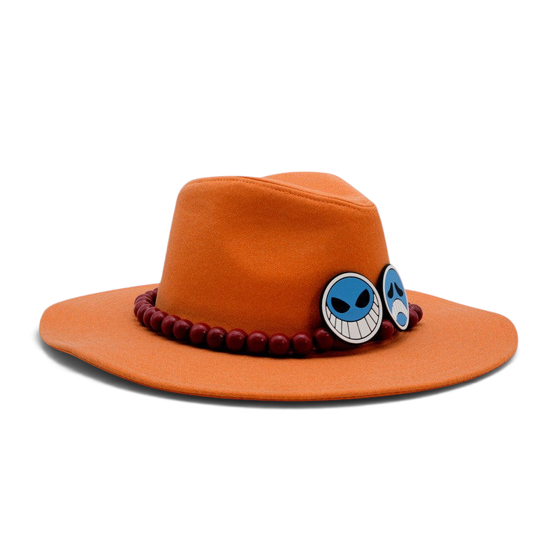 Fans Geek Store orange Portgas D. Ace cosplay hat with iconic red bead band and two expressive face badges
