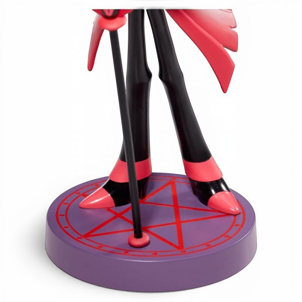 Fans Geek Store Hazbin Hotel Alastor PVC statue featuring black and red shoes on a purple pentagram display base.