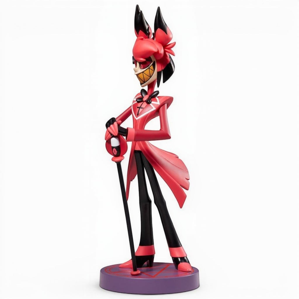 Fans Geek Store 18cm Alastor PVC statue from Hazbin Hotel featuring his signature red suit and microphone cane.