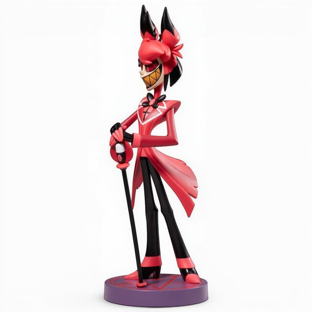 Fans Geek Store 18cm Alastor PVC statue from Hazbin Hotel featuring his signature red suit and microphone cane.
