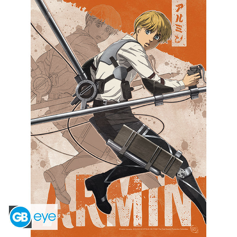Fans Geek Store Attack on Titan season 4 Armin Arlert A4 poster featuring character in ODM gear on orange background