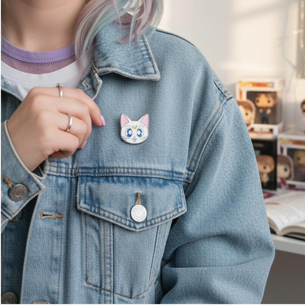 Fans Geek Store Sailor Moon Artemis metal pin attached to a blue denim jacket worn by a person