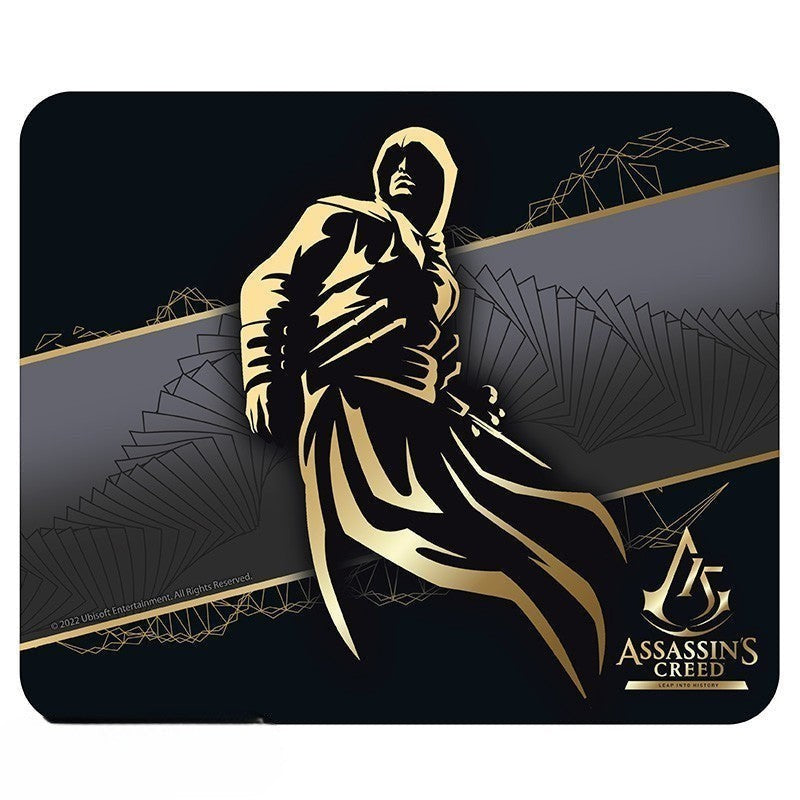 Fans Geek Store Assassin's Creed 15th anniversary gaming mousepad with gold assassin silhouette and logo on black background.