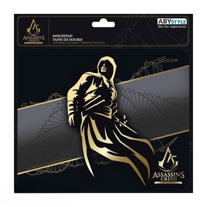 Fans Geek Store Assassin's Creed 15th anniversary gaming mousepad with gold assassin graphic on black background.
