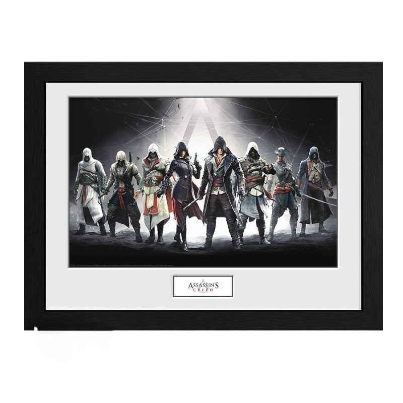 Fans Geek Store framed print featuring multiple Assassin's Creed characters in their iconic outfits, printed on photo paper.