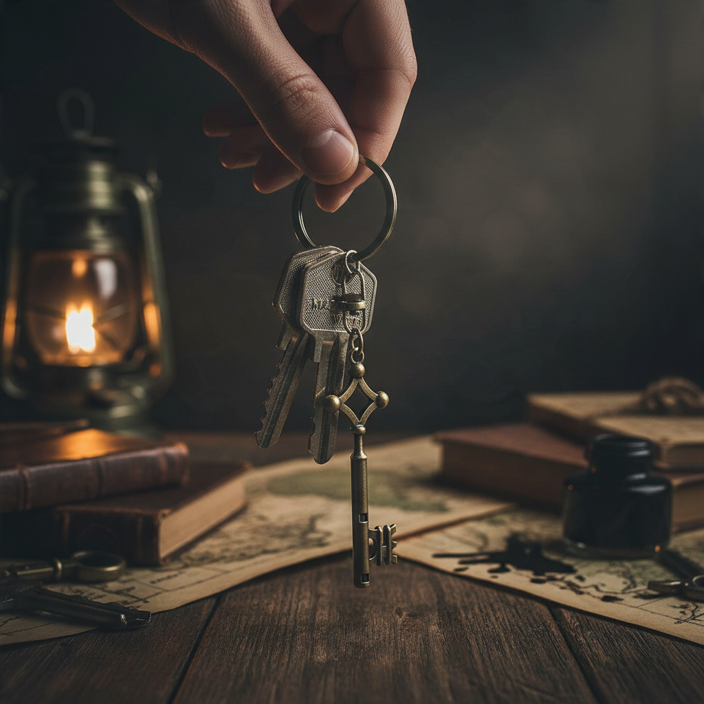 Fans Geek Store 3D metal keychain featuring Eren's key from Attack on Titan held by a hand over a vintage desk