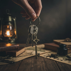 Fans Geek Store 3D metal keychain featuring Eren's key from Attack on Titan held by a hand over a vintage desk