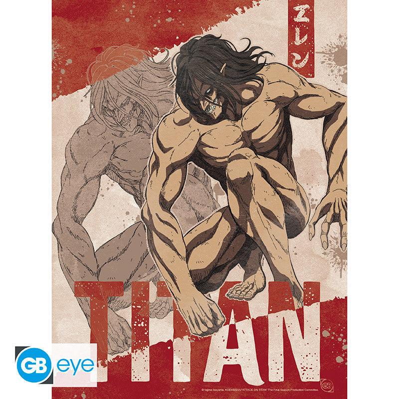 Fans Geek Store Attack on Titan season 4 poster featuring Eren Yeager as a Titan in a gritty red and beige art style