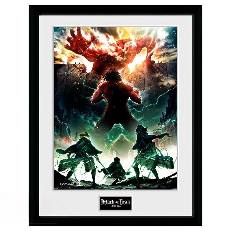 Fans Geek Store Attack on Titan framed poster featuring Eren and the Colossal Titan in a sleek black frame.