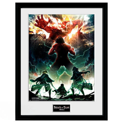 Fans Geek Store Attack on Titan framed poster featuring Eren and the Colossal Titan in a sleek black frame.