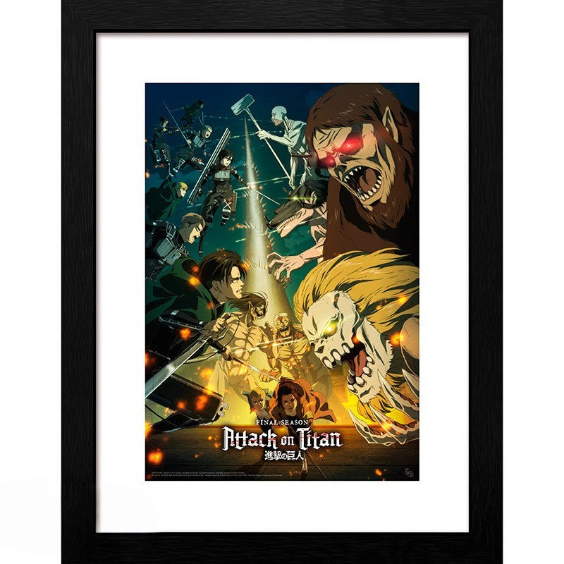 Fans Geek Store Attack on Titan season 4 Key Art 3 framed poster featuring intense battle scenes on photo paper.