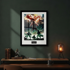 Fans Geek Store Attack on Titan key art poster in a black frame hanging on a dark green wall above a desk.