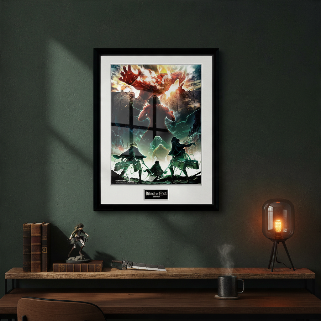 Fans Geek Store Attack on Titan key art poster in a black frame hanging on a dark green wall above a desk.