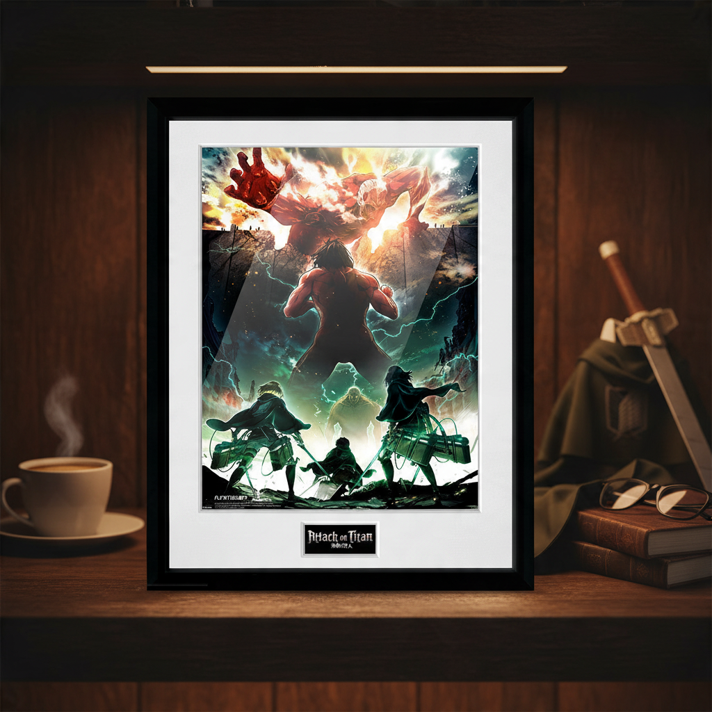 Fans Geek Store Attack on Titan framed poster featuring Eren and the Colossal Titan in a sleek black frame
