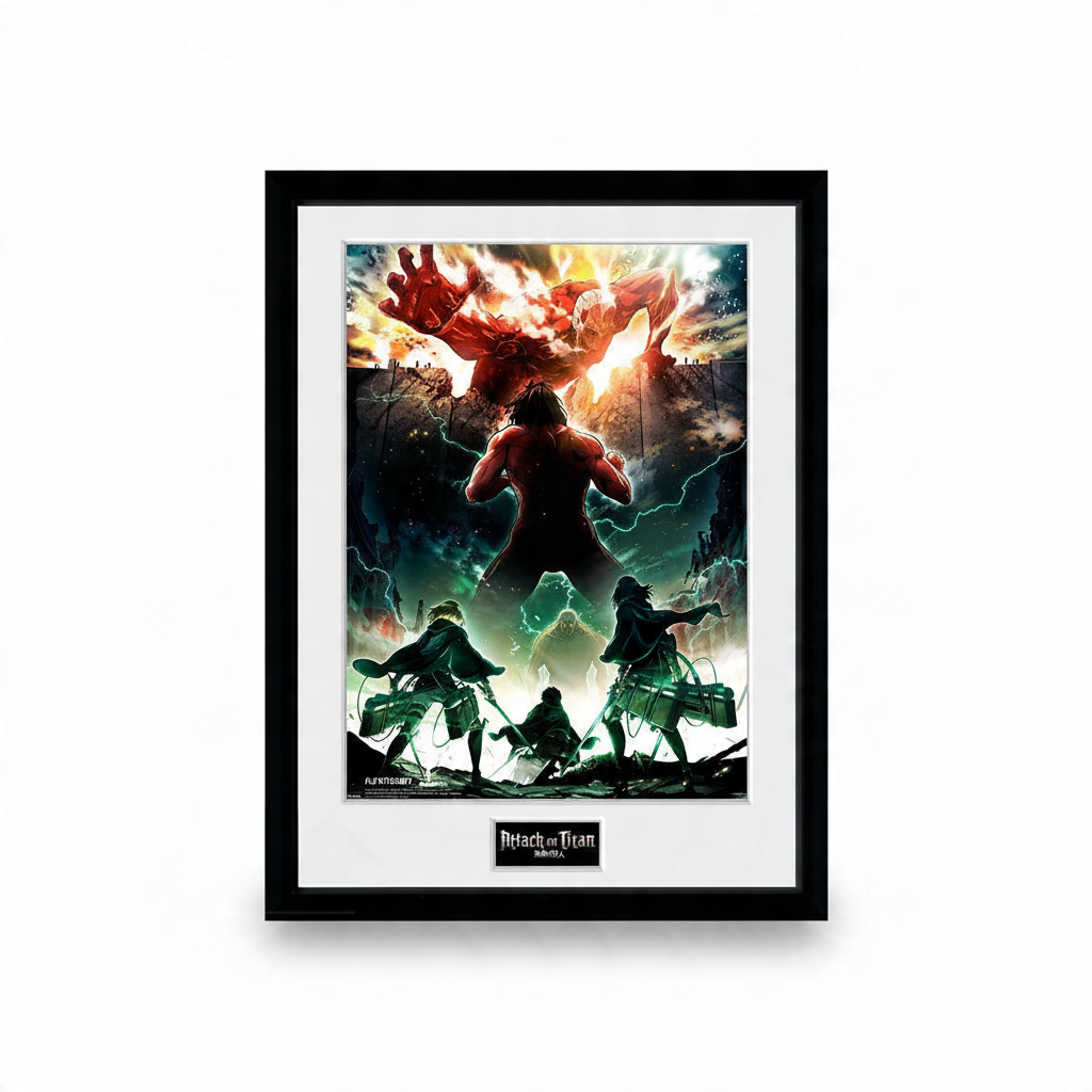 Fans Geek Store Attack on Titan framed poster featuring Eren and the Colossal Titan in a black frame.