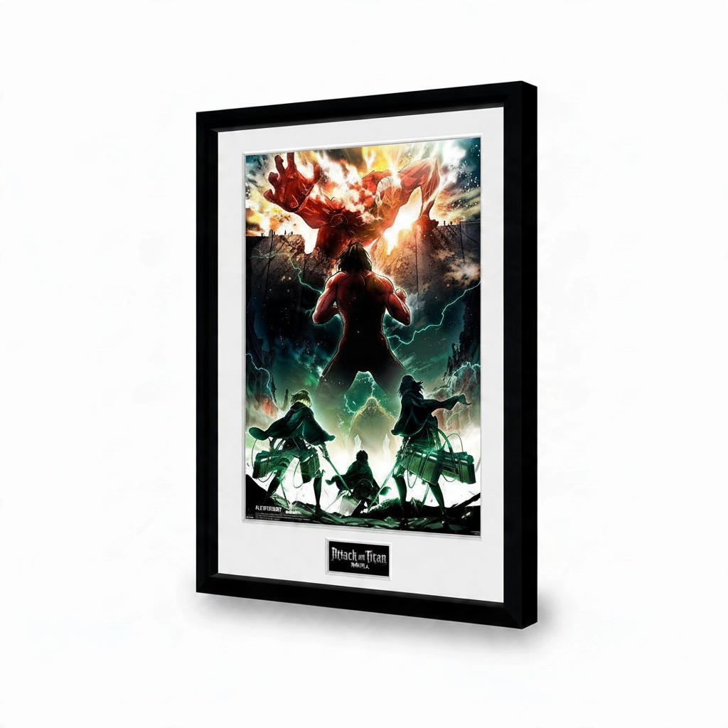 Fans Geek Store Attack on Titan key art poster in a black frame featuring Eren and the Colossal Titan