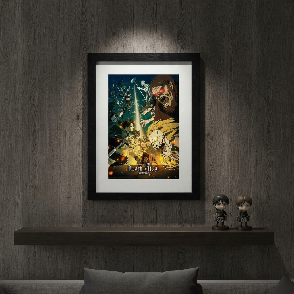 Fans Geek Store Attack on Titan season 4 key art 3 framed poster hanging on a dark wood wall above a shelf