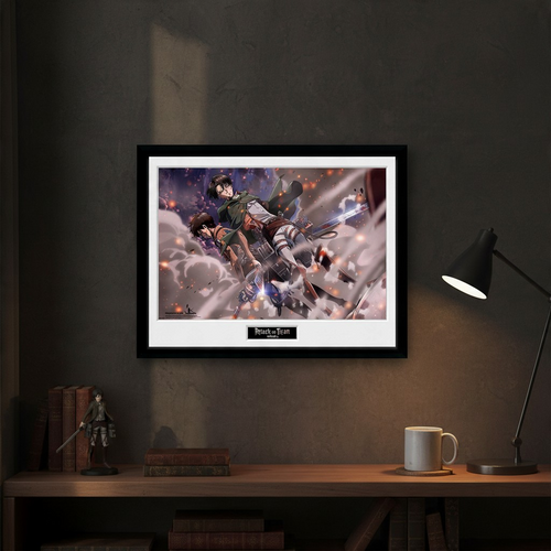 Fans Geek Store framed Attack on Titan Smoke Blast poster featuring Eren and Levi hanging on a dark wall