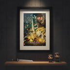 Fans Geek Store Attack on Titan season 4 key art 3 framed poster with black frame on a dark wall above a wooden shelf