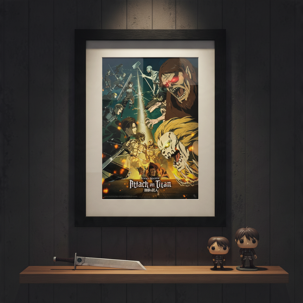 Fans Geek Store Attack on Titan season 4 key art 3 framed poster with black frame on a dark wall above a wooden shelf