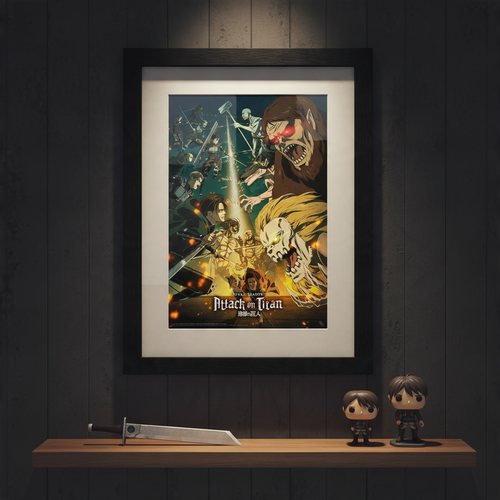 Fans Geek Store Attack on Titan season 4 key art 3 framed poster with black frame on a dark wall above a wooden shelf