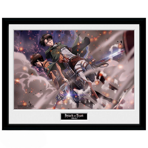 Fans Geek Store Attack on Titan Smoke Blast framed poster featuring Eren and Levi in a dynamic battle scene