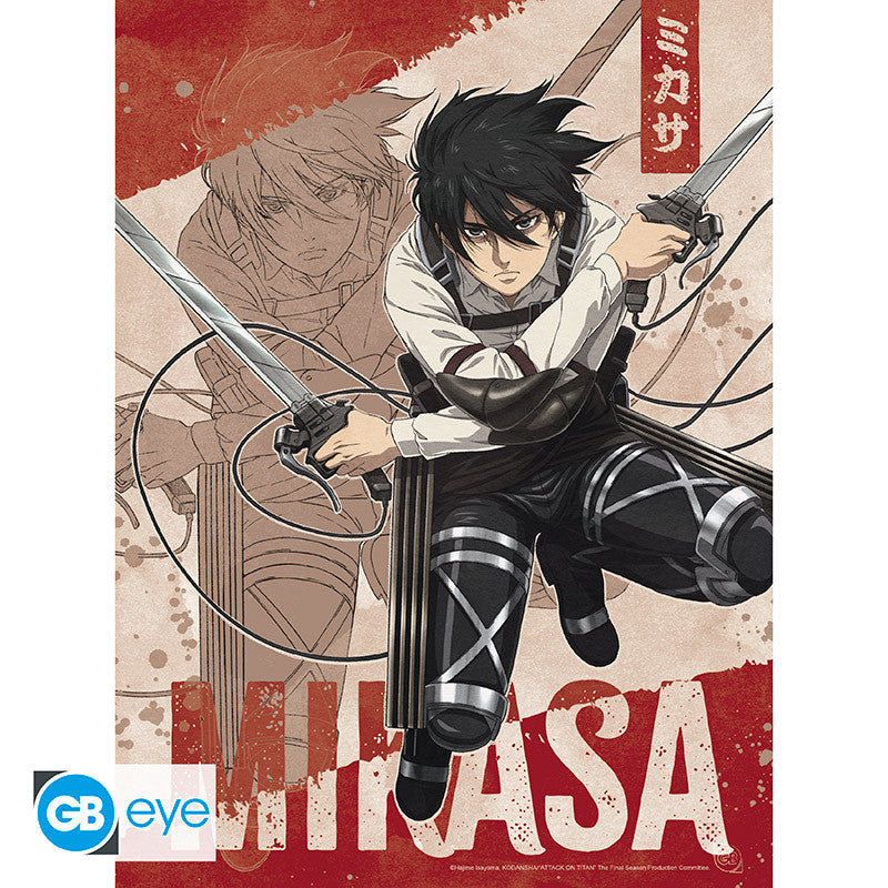 Fans Geek Store Attack on Titan Mikasa A4 poster featuring Mikasa Ackerman in action with swords on a red background