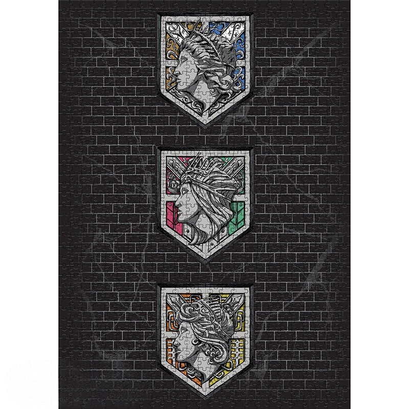 Fans Geek Store Attack on Titan 1000-piece puzzle featuring three crests with female profiles on a black brick wall