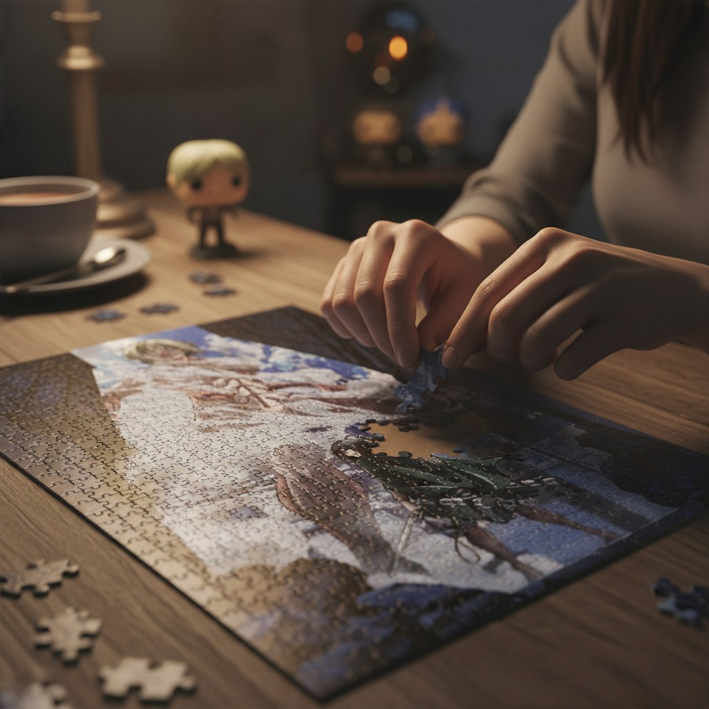 Fans Geek Store Attack on Titan 1000-piece puzzle featuring Mikasa Ackerman vs Female Titan on a wooden table