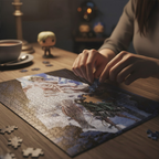 Fans Geek Store Attack on Titan 1000-piece puzzle featuring Mikasa Ackerman vs Female Titan on a wooden table