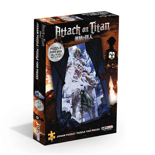 Fans Geek Store Attack on Titan 1000-piece jigsaw puzzle box featuring Mikasa Ackerman facing the Female Titan