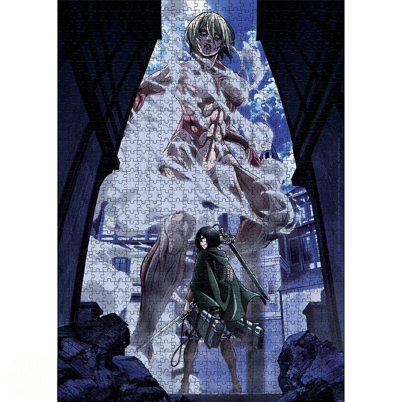 Fans Geek Store Attack on Titan 1000-piece puzzle featuring Mikasa Ackerman facing the Female Titan in battle.