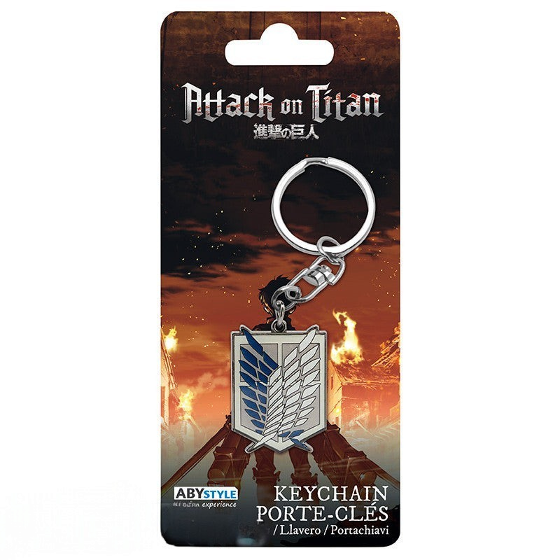 Fans Geek Store Attack on Titan Survey Corps metal keychain featuring the iconic Wings of Freedom emblem on backing card