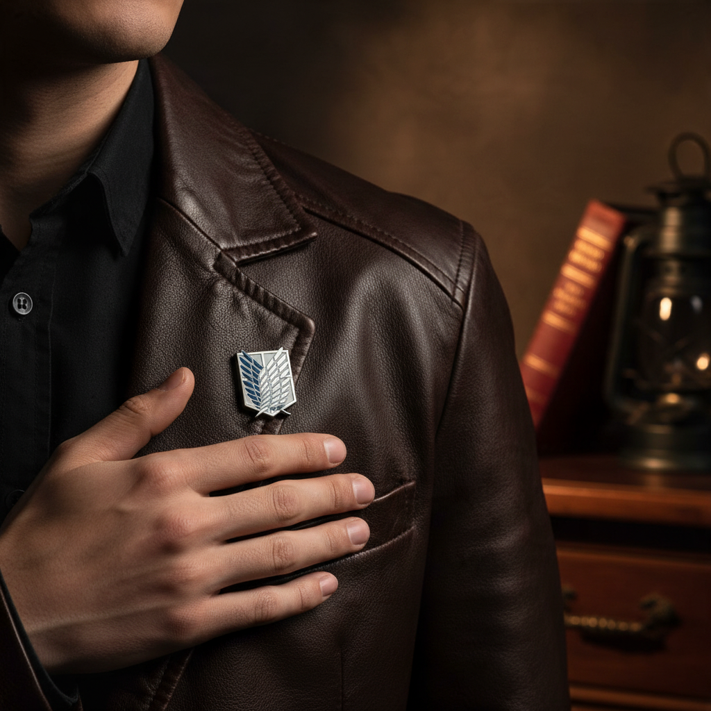 Fans Geek Store Attack on Titan Scouts metal pin featuring the Wings of Freedom emblem pinned to a brown leather jacket