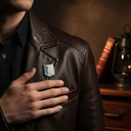 Fans Geek Store Attack on Titan Scouts metal pin featuring the Wings of Freedom emblem pinned to a brown leather jacket