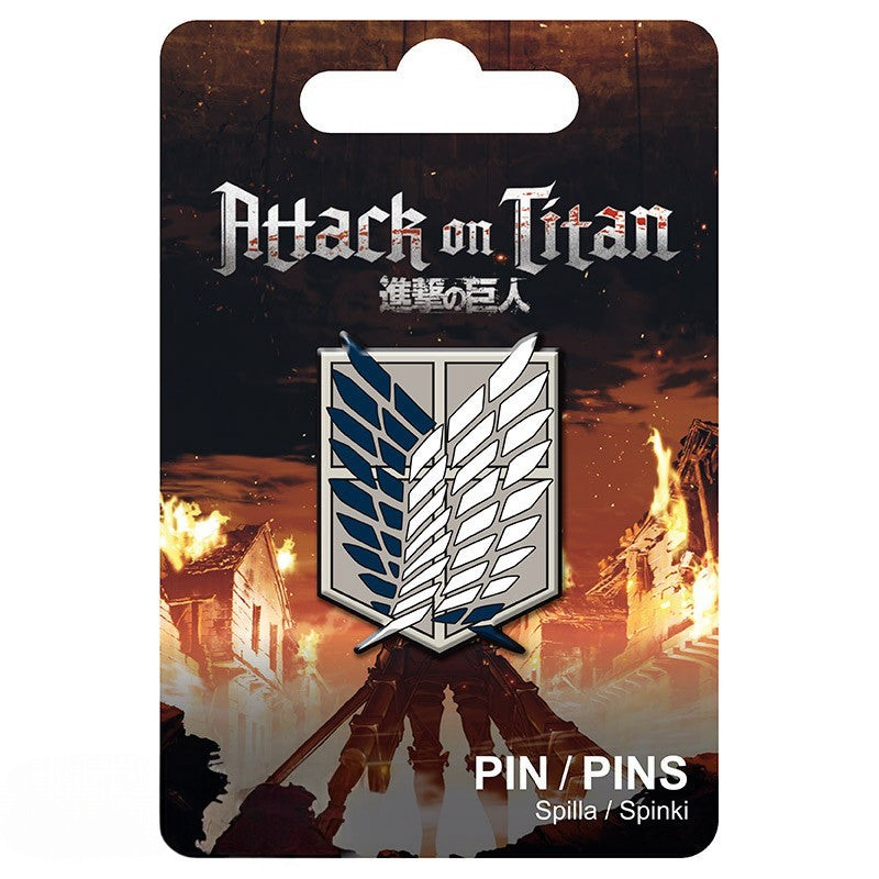 Fans Geek Store Attack on Titan Scouts metal pin featuring the Wings of Freedom emblem on branded display card