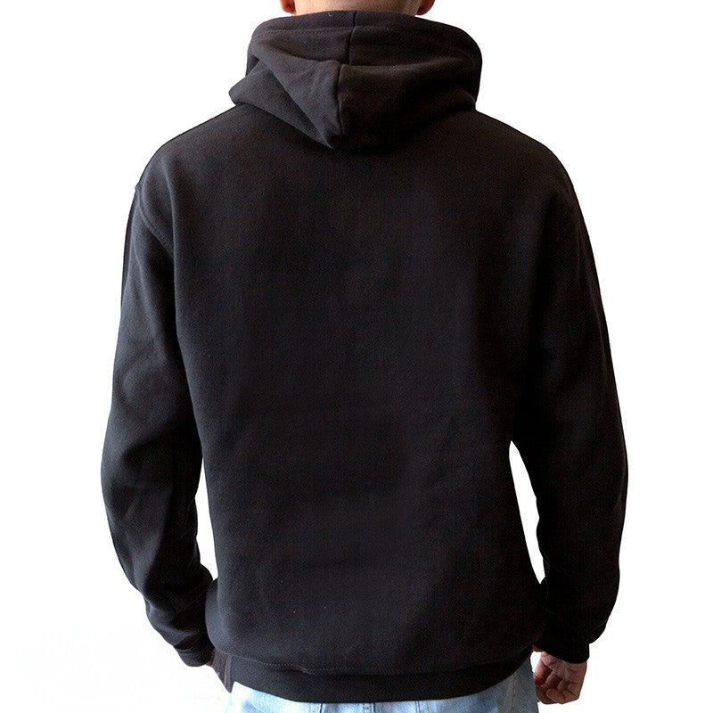 Fans Geek Store black Back to the Future hoodie worn by a man, back view showing the hood and long sleeves