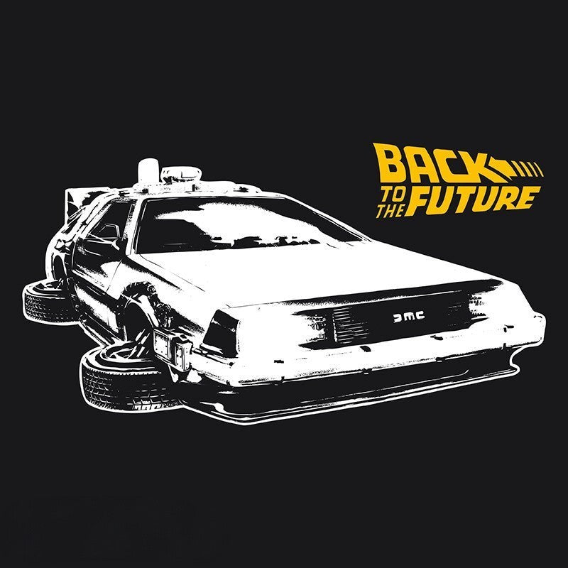 Fans Geek Store black Back to the Future hoodie featuring a white graphic print of the iconic DeLorean time machine