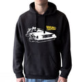 Fans Geek Store black Back to the Future hoodie featuring a white DeLorean car graphic and yellow logo