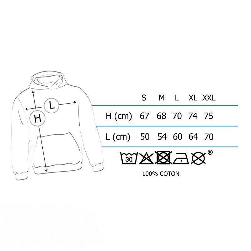 Fans Geek Store Back to the Future hoodie size chart showing measurements for sizes S to XXL in centimeters