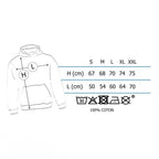 Fans Geek Store Back to the Future hoodie size chart showing measurements for sizes S to XXL in centimeters