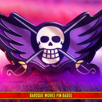 Fans Geek Store One Piece Baroque Works metal pin badge with skull and wings design on a vibrant purple background