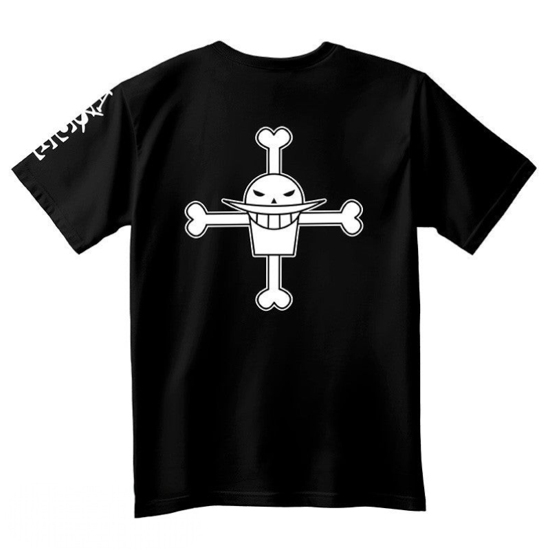 Fans Geek Store black unisex cotton t-shirt featuring the white Whitebeard pirate crew emblem on the back